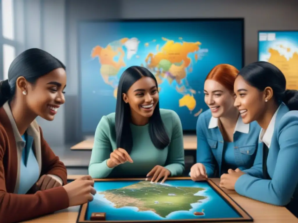 Emocionante juego de geografía interactivo en clase, estudiantes diversos explorando el mundo con entusiasmo