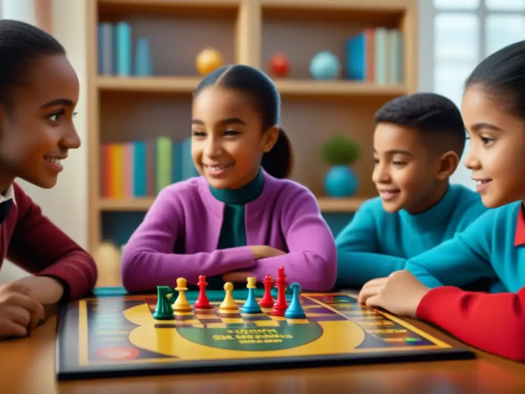 Un emocionante juego educativo para niños de distintas razas en una habitación llena de libros y juegos de mesa educativos