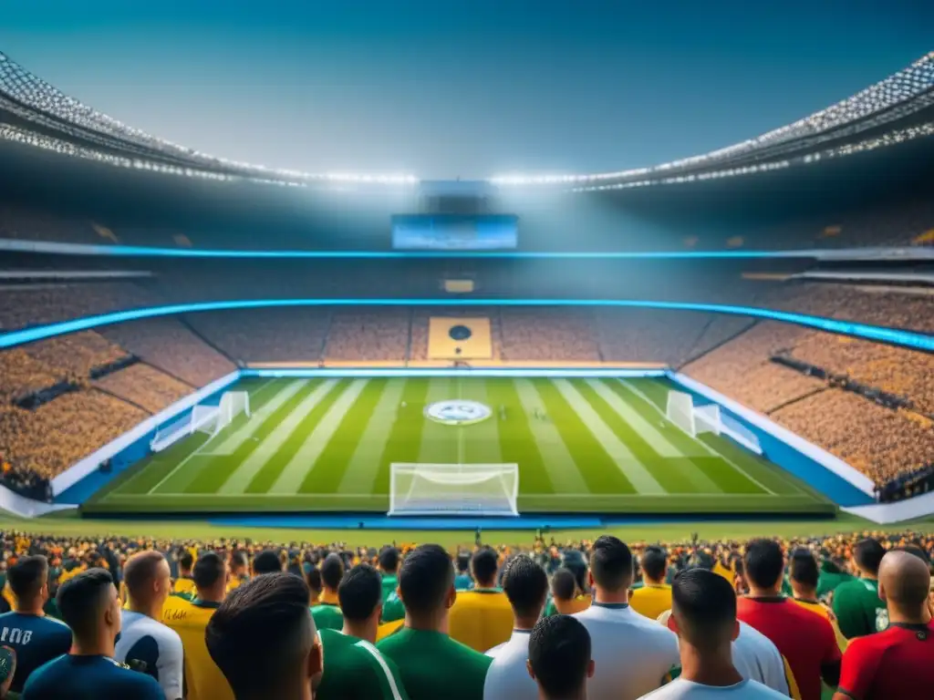 'Emocionante juego de Colaboración UNO Liga Futbol Juegos: estadio lleno, fans vibrantes y unión en colores y banderas