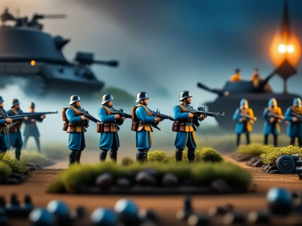 Un emocionante juego de estrategias en mesa batallas, con jugadores concentrados y entusiasmados rodeados de soldados en miniatura y tanques