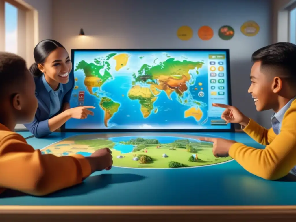 Un emocionante juego interactivo en un aula: niños de diversas edades y etnias exploran un mapa educativo en un tablero de juego interactivo