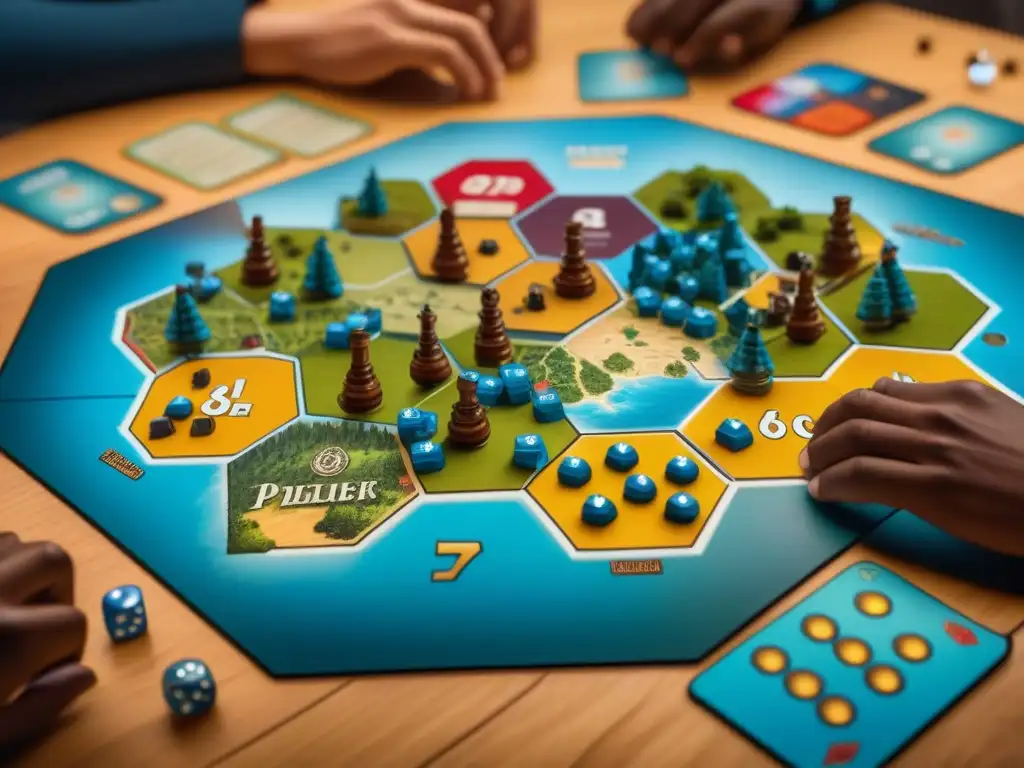 Un emocionante juego de Catan con diversos jugadores concentrados en el tablero, cartas y dados, mostrando la historia de Catan juego tablero