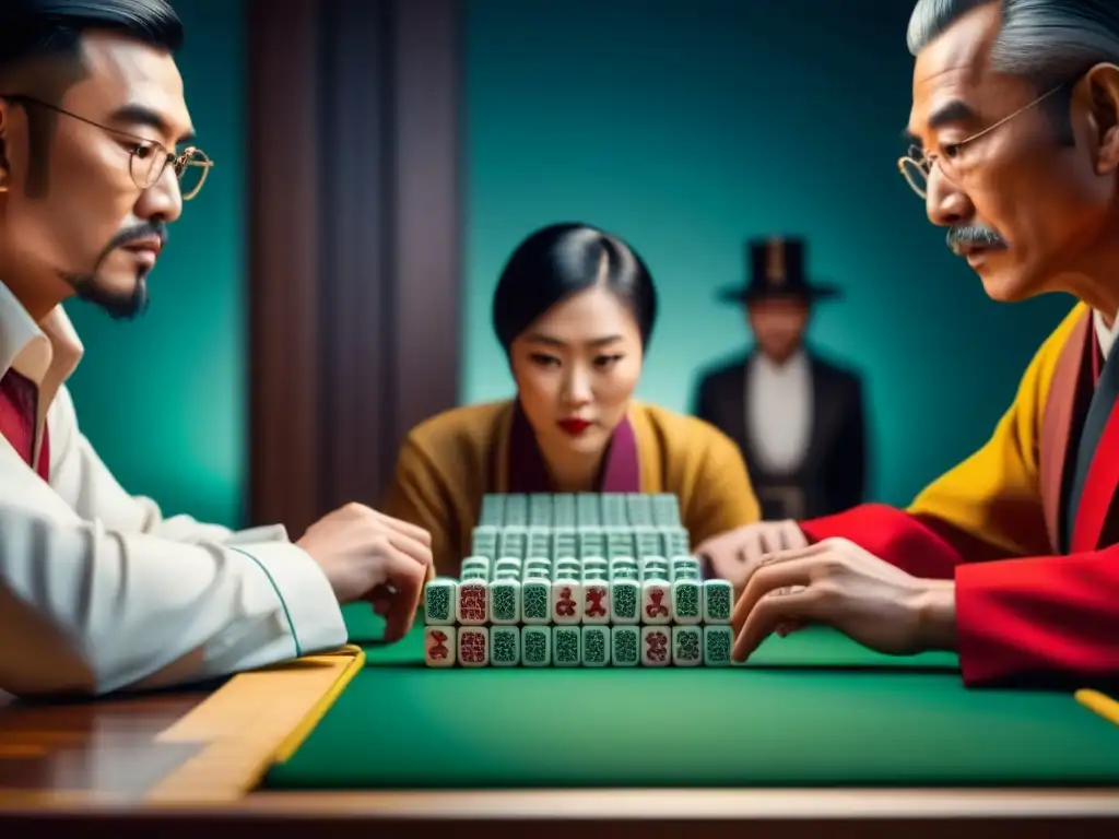 Un emocionante juego de Mahjong entre jugadores de diversas culturas, en una mesa de madera con fichas coloridas