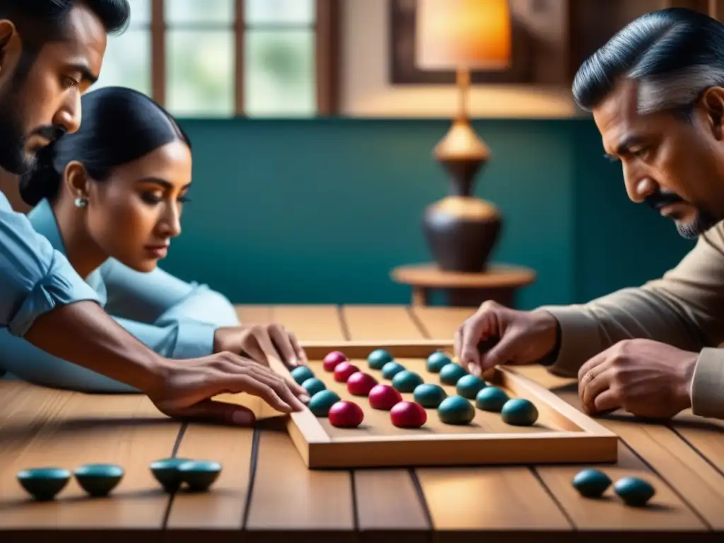 Un emocionante juego de Mancala en una sala acogedora, con jugadores concentrados y estrategias ganadoras de Mancala en acción