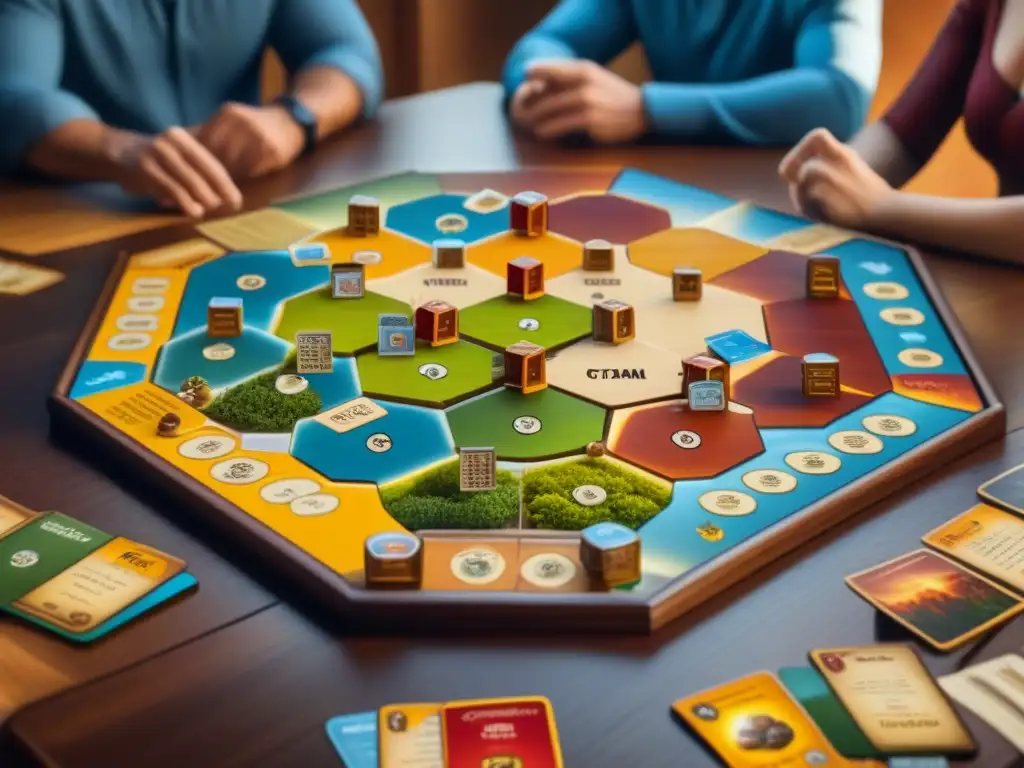 Un emocionante juego de Catan con las mejores expansiones en una mesa de madera detallada