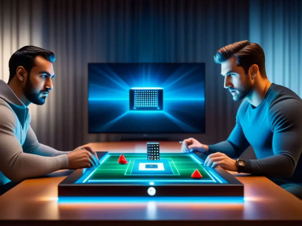 Un emocionante juego de mesa tecnología QR en un ambiente futurista iluminado por hologramas