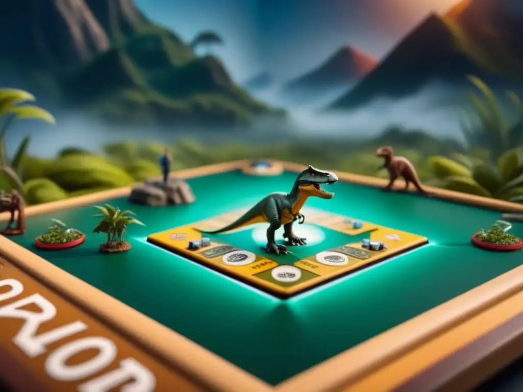 Un emocionante juego de mesa de Jurassic Park en un ambiente educativo con ilustraciones detalladas de dinosaurios y locaciones del parque