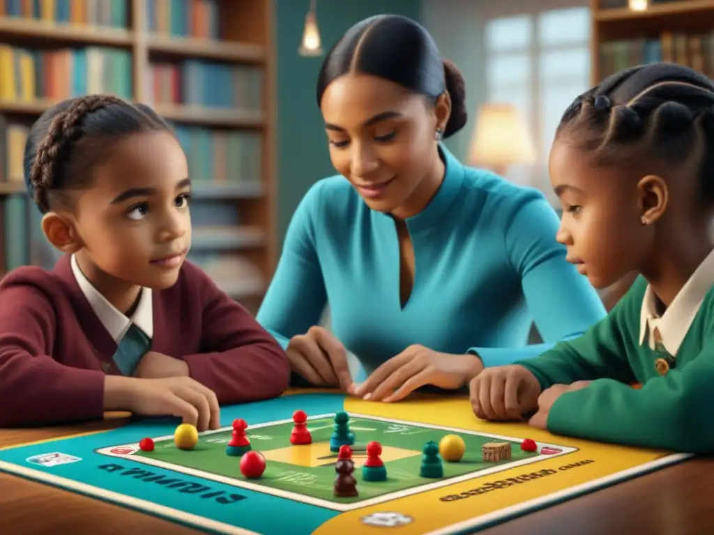 Un emocionante juego de mesa en un aula luminosa fomentando el aprendizaje activo con juegos de mesa