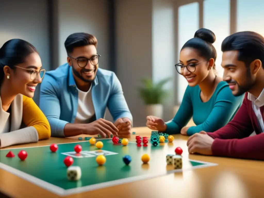 Un emocionante juego de mesa en aula iluminada con estudiantes de diferentes edades, colaborando y disfrutando