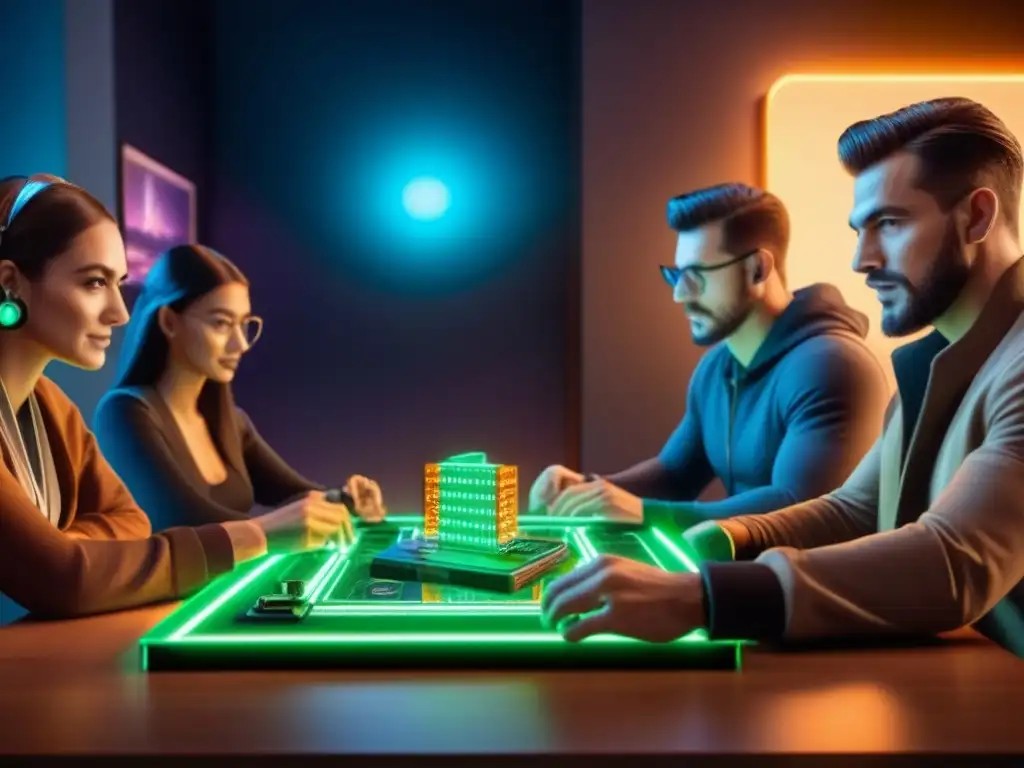 Un emocionante juego de mesa en Blockchain con personas de todas las edades disfrutando y sumergiéndose en la innovación