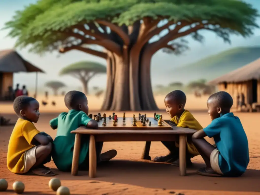 Emocionante juego de mesa en África: niños concentrados y felices bajo un baobab