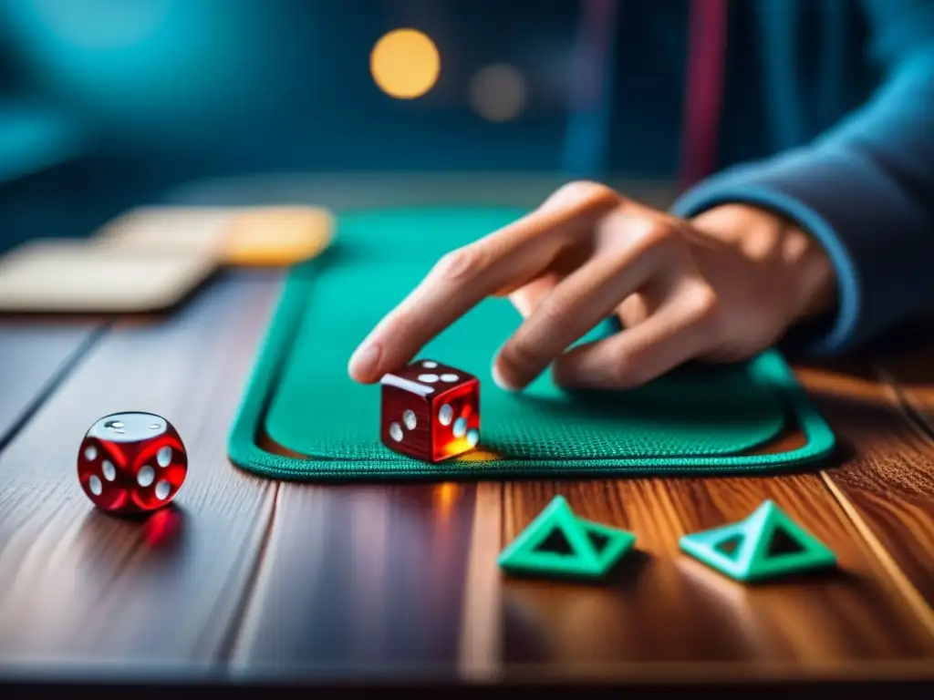 Emocionante juego de mesa con dados coloridos y figuras en un tablero de madera