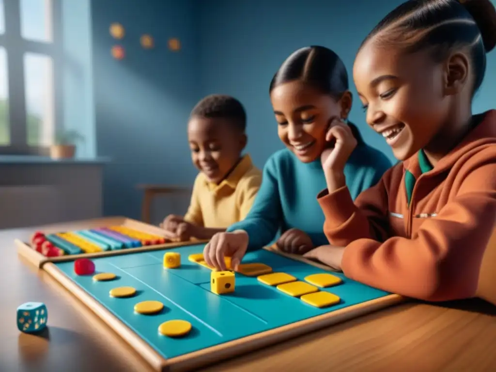 Un emocionante juego de mesa para desarrollo cognitivo jugado por niños con diversas habilidades en un aula luminosa