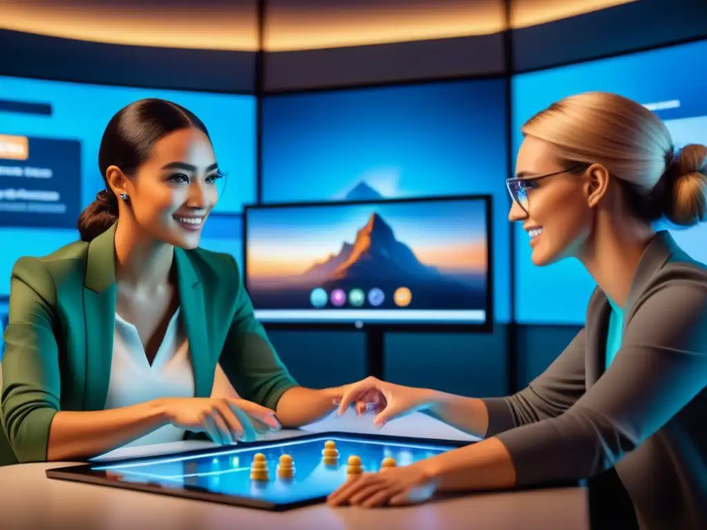 Un emocionante juego de mesa digital en pantalla táctil con jugadores diversos interactuando con entusiasmo