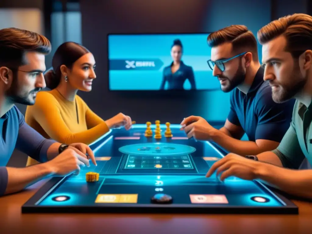 Un emocionante juego de mesa digital en una pantalla táctil interactiva, con jugadores diversos concentrados y emocionados