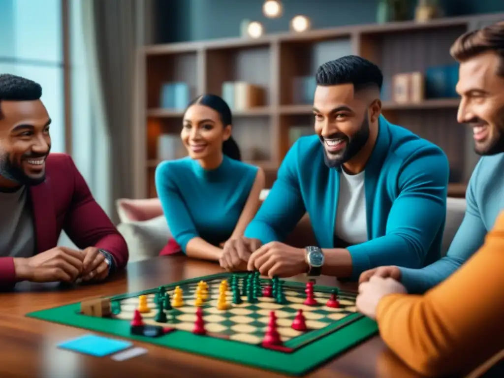 Un emocionante juego de mesa con diversidad de jugadores en una acogedora sala de estar