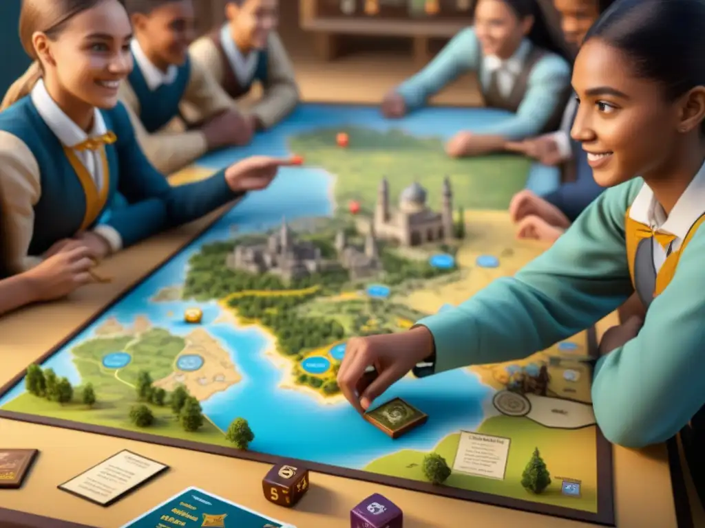 Un emocionante juego de mesa educativo de historia y geografía en una clase diversa de estudiantes de secundaria, inmersos en el aprendizaje interactivo