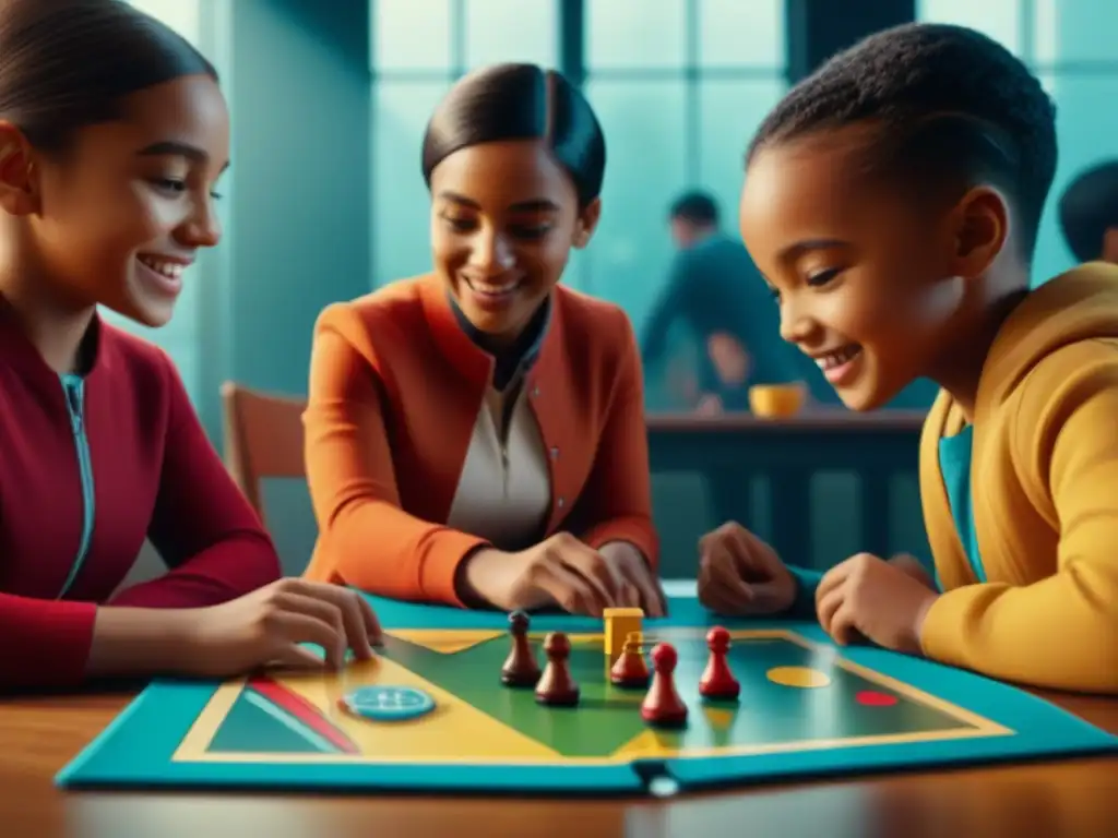 Un emocionante juego de mesa educativo con niños diversos concentrados y felices jugando juntos en un aula soleada