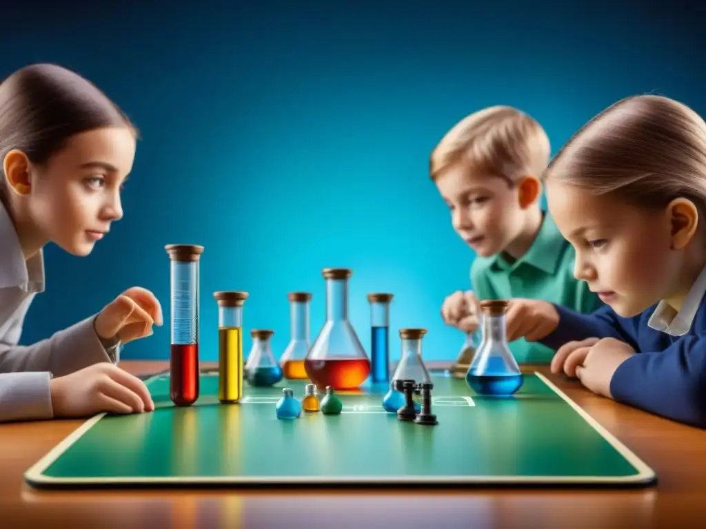 Un emocionante juego de mesa educativo de ciencia, con niños concentrados en manipular piezas que representan átomos y moléculas