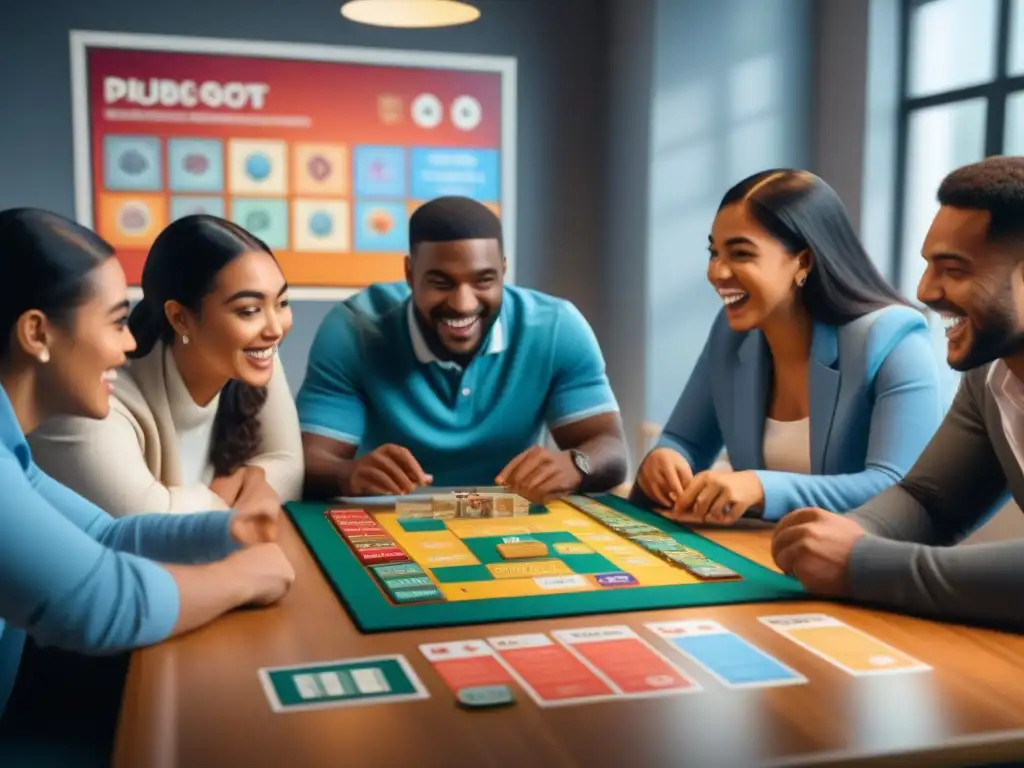 Un emocionante juego de mesa educativo guía, donde estudiantes diversos participan con entusiasmo en un aula colorida