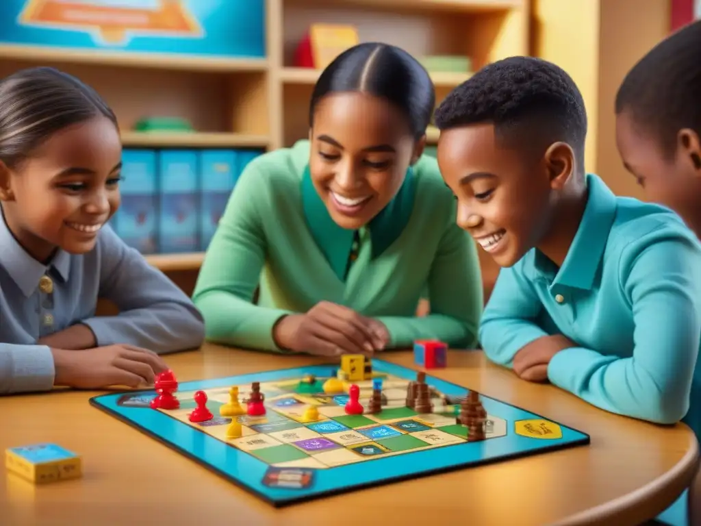 Un emocionante juego de mesa educativo guía, donde niños diversos aprenden juntos en un aula colorida y dinámica