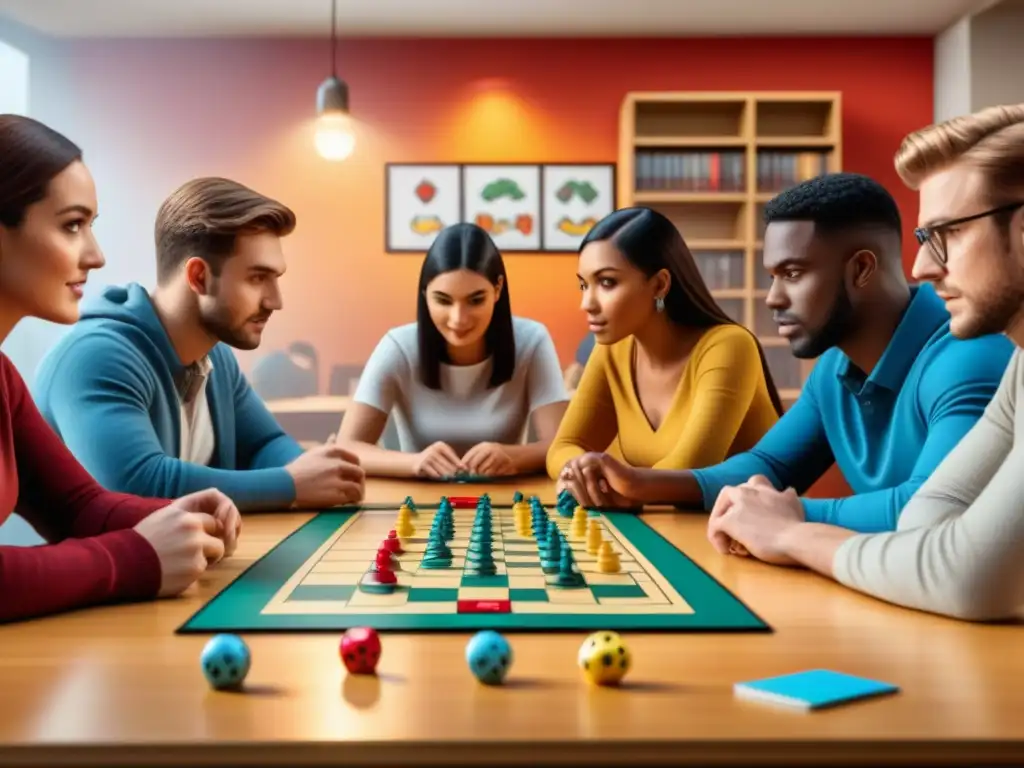 Juego estratégico: diversión y aprendizaje en aula moderna Un emocionante juego de mesa educativo en una aula moderna, donde estudiantes muestran concentración y camaradería