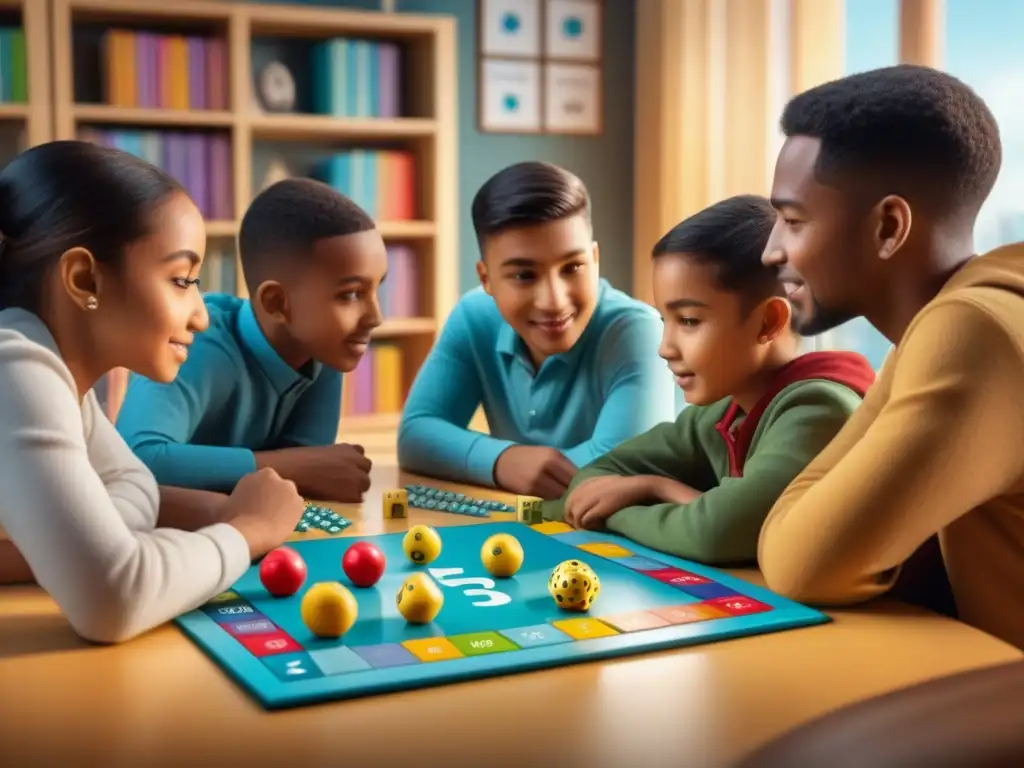 Un emocionante juego de mesa educativo de matemáticas: niños de diversas etnias resuelven problemas juntos en un aula acogedora