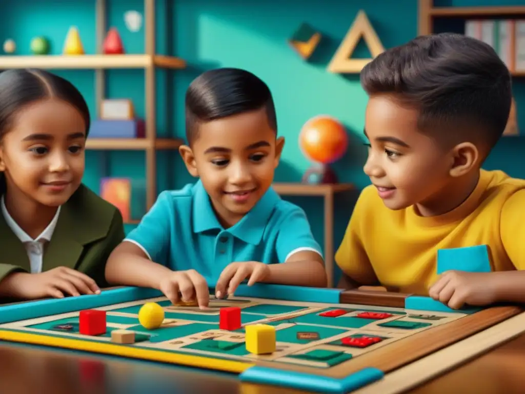 Un emocionante juego de mesa educativo matemático, con niños diversos concentrados y entusiasmados en una colorida partida