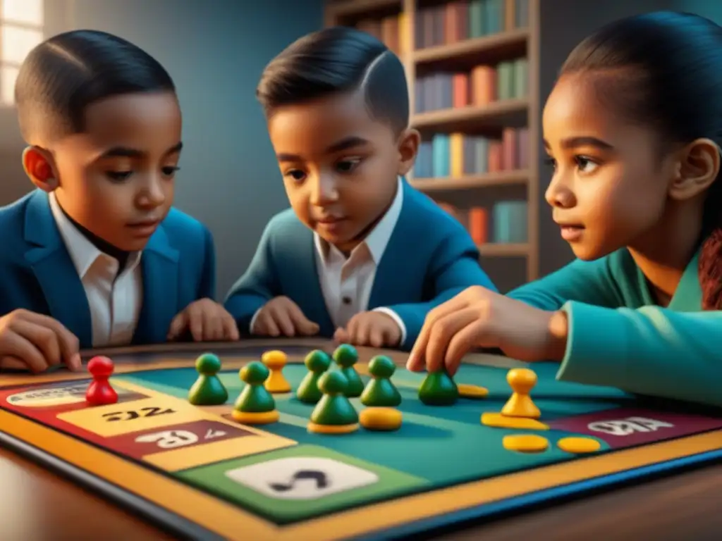 Un emocionante juego de mesa educativo matemático reúne a niños de diversas culturas en una aula acogedora y luminosa