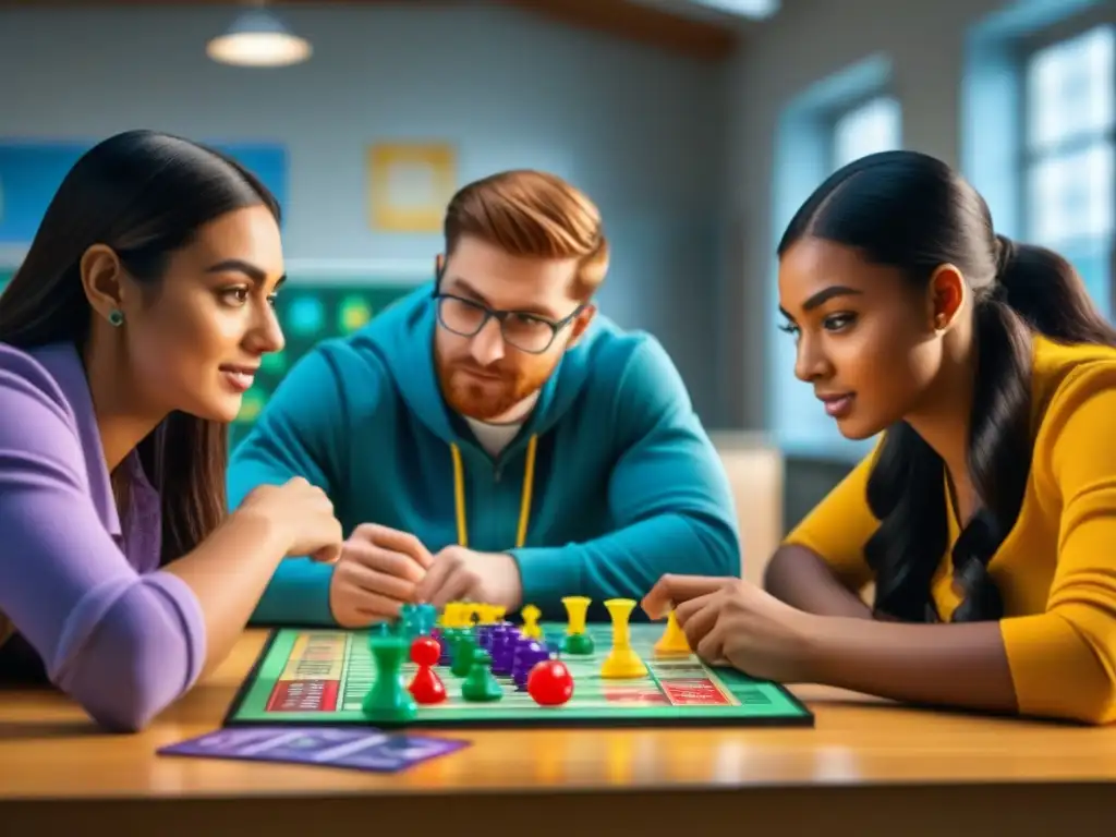 Un emocionante juego de mesa educativo de química: estudiantes diversos disfrutan y aprenden en aula iluminada