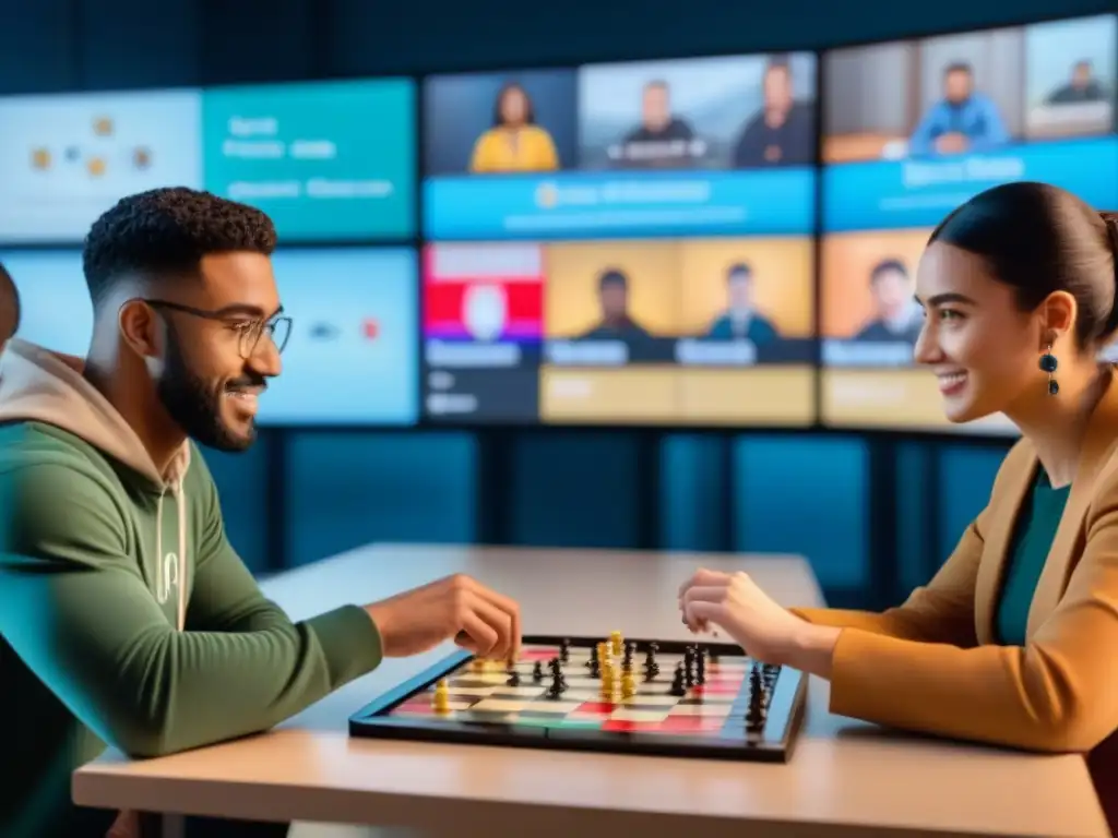 Un emocionante juego de mesa educativo en un aula virtual con estudiantes diversos participando activamente