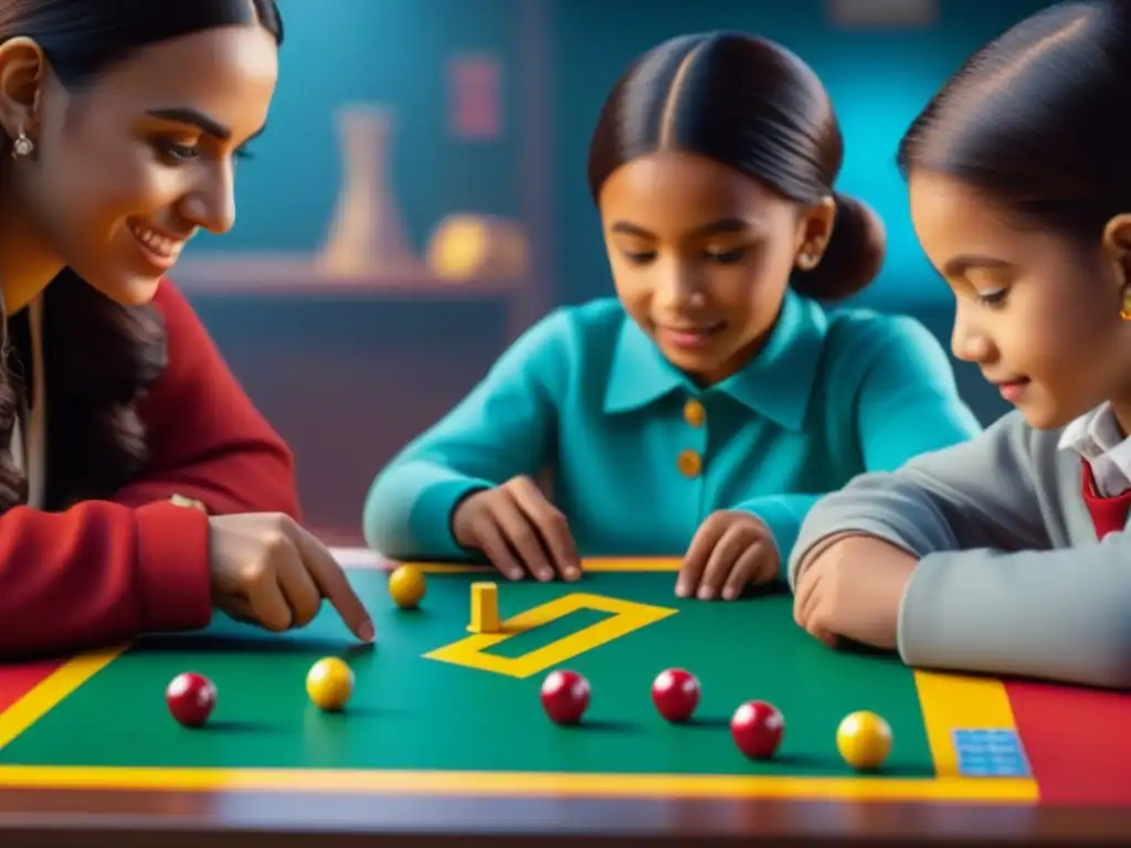 Un emocionante juego de mesa educativo donde niños interactúan con conceptos matemáticos y lógicos en un alegre salón de clases