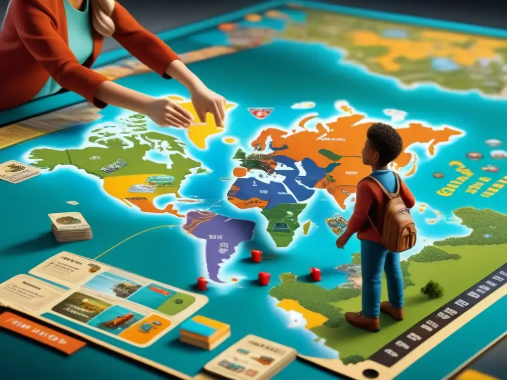 Un emocionante juego de mesa educativo de geografía, niños sonrientes juegan Ticket to Ride en un mapa mundial colorido