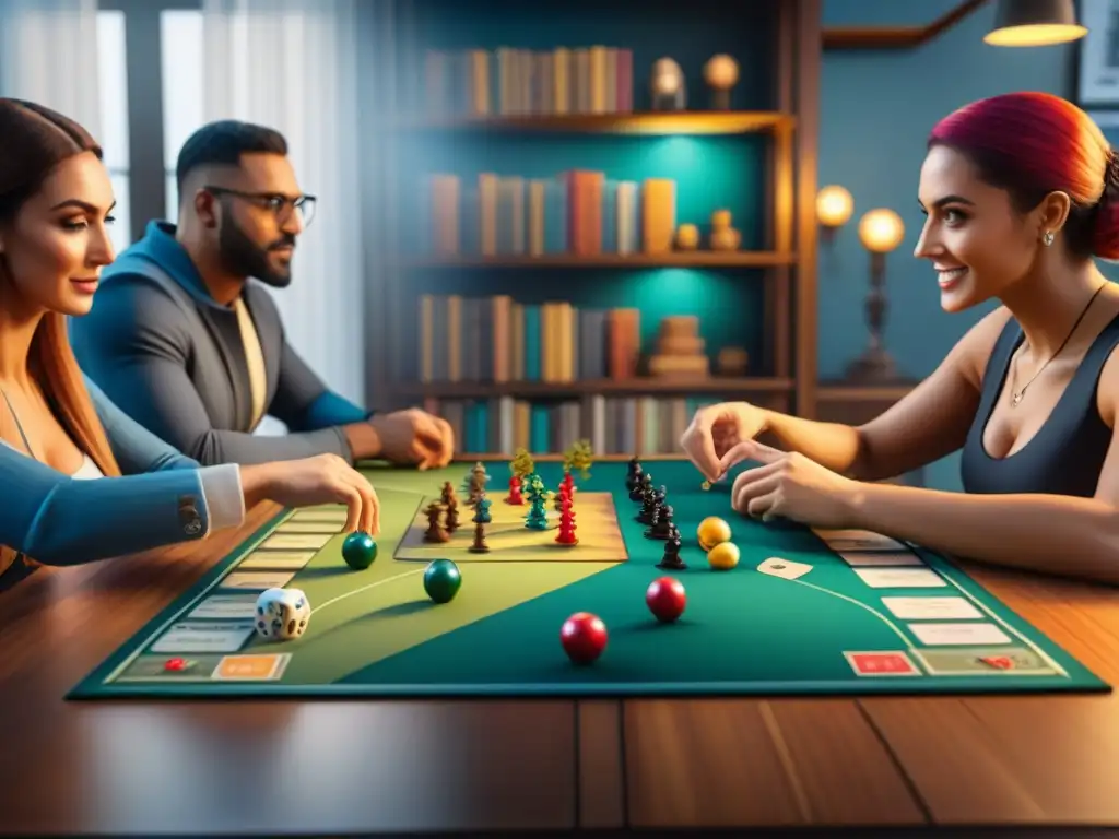 Jugadores de mesa inmersos en estrategias y diversión Un emocionante juego de mesa entre entusiastas en un ambiente vibrante y estratégico