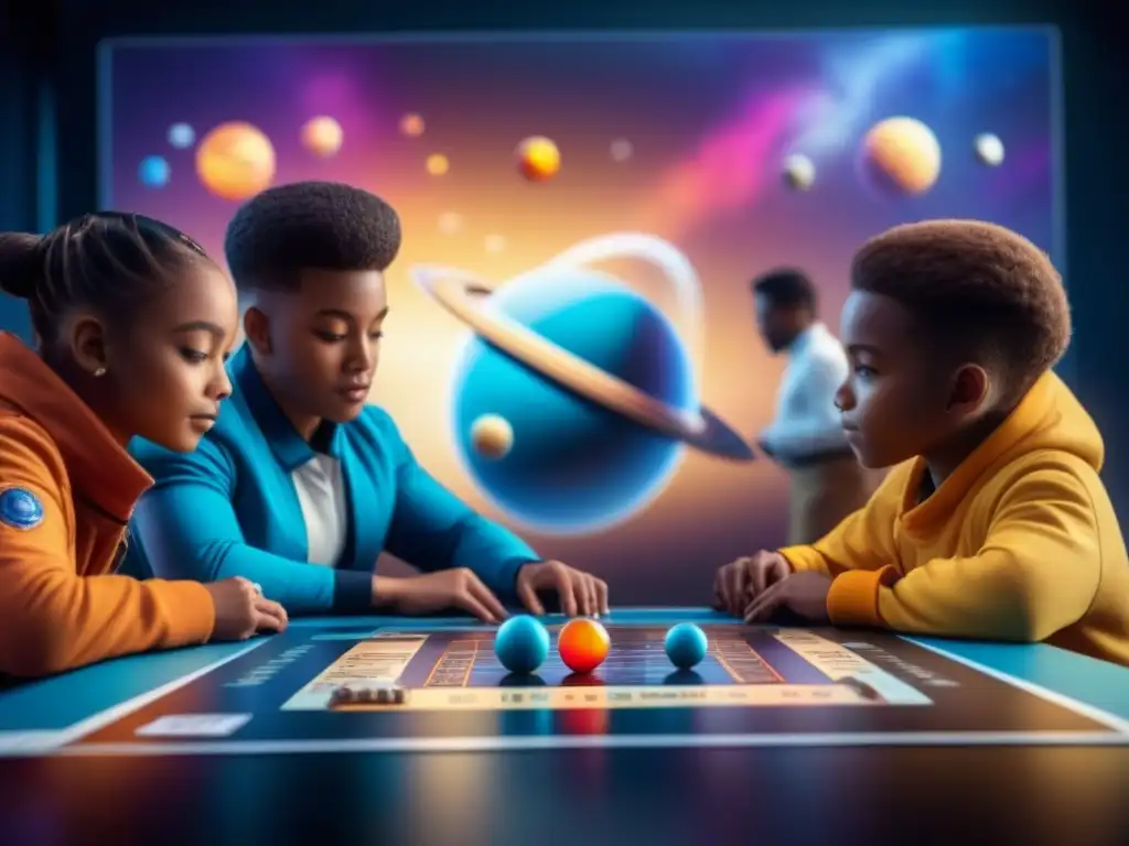 Un emocionante juego de mesa espacial infantil con niños diversos concentrados y entusiasmados señalando ilustraciones detalladas de planetas, cohetes y astronautas en un ambiente educativo vibrante