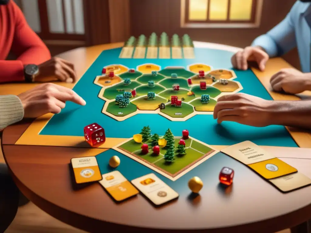 Un emocionante juego de mesa estrategia Catan: jugadores concentrados y amistosa competencia en un ambiente cálido y envolvente