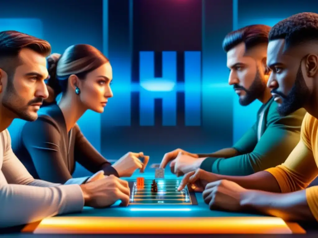 Un emocionante juego de mesa futurista con elementos de blockchain y jugadores concentrados