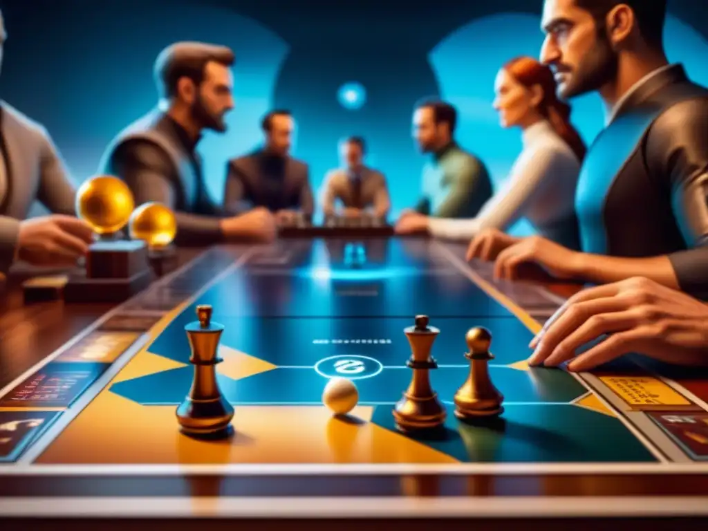 Un emocionante juego de mesa futurista con inteligencia artificial integrada, jugadores concentrados y emocionados