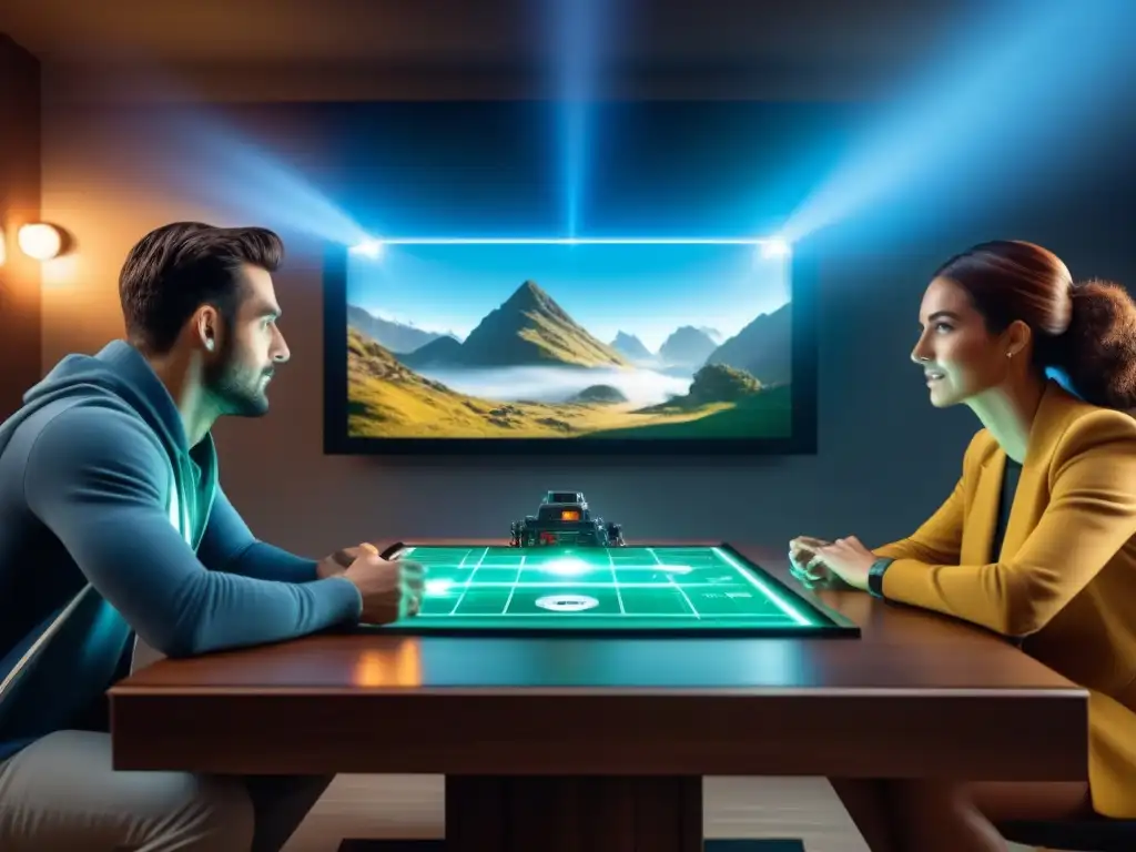 Un emocionante juego de mesa futurista con amigos interactuando en torno a un proyector interactivo