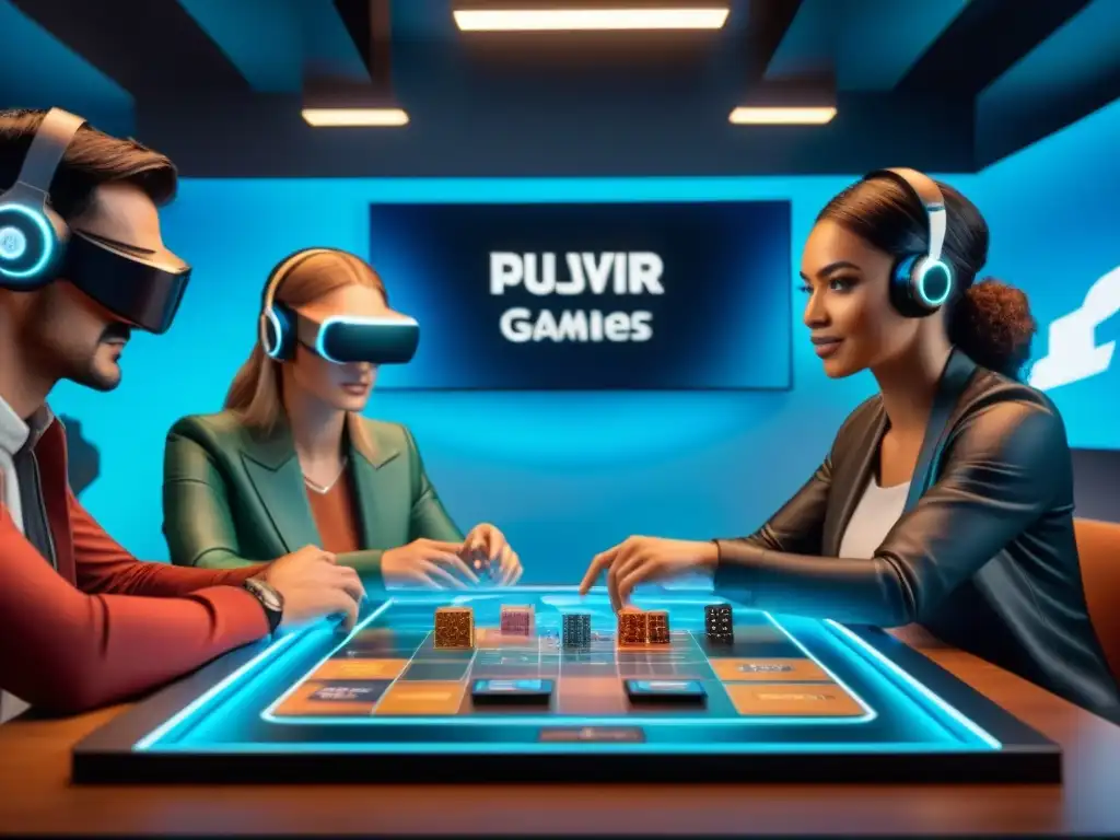 Un emocionante juego de mesa futurista en realidad virtual con jugadores diversos concentrados