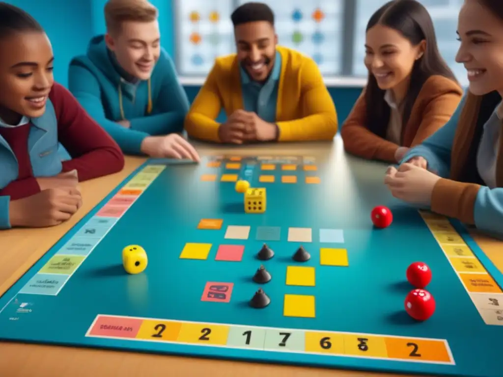 Emocionante juego de mesa de habilidades numéricas en aula luminosa con estudiantes colaborando y divirtiéndose