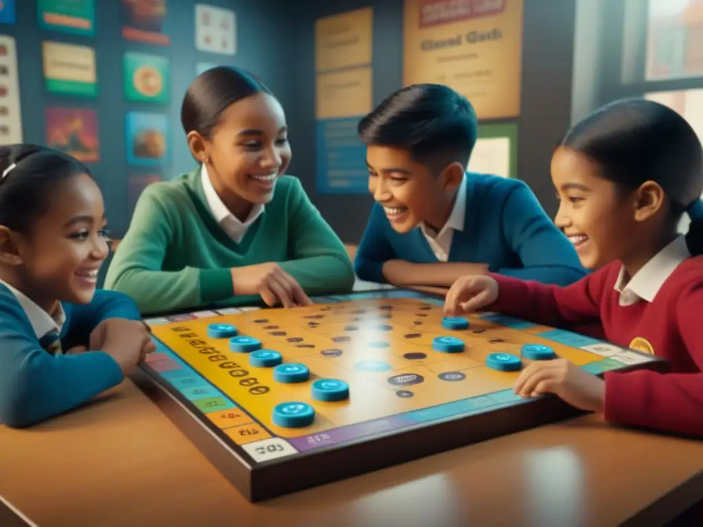 Un emocionante juego de mesa de habilidades numéricas con niños diversos concentrados y felices en un aula educativa luminosa