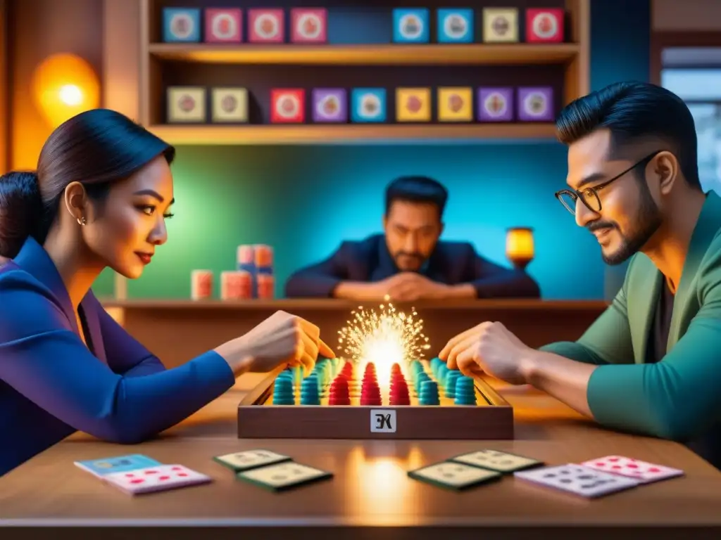 Un emocionante juego de mesa Hanabi: jugadores concentrados en armar fuegos artificiales, en un café de juegos cálido y acogedor