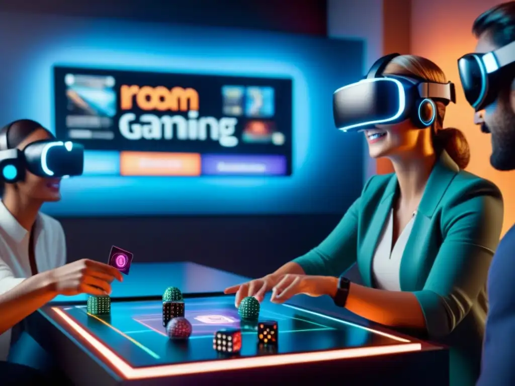 Juego de mesa holográfico en sala futurista con jugadores de VR Un emocionante juego de mesa holográfico en Realidad Virtual, con jugadores interactuando en un ambiente futurista