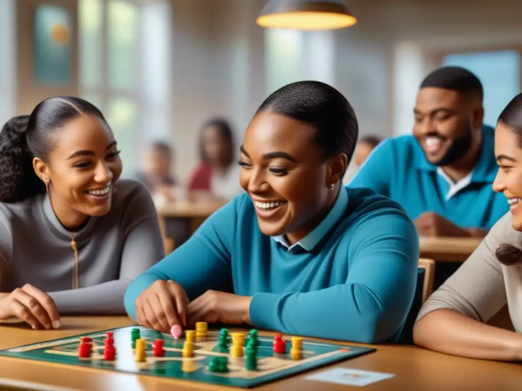 Un emocionante juego de mesa inclusivo en un aula iluminada, donde los estudiantes disfrutan y aprenden juntos