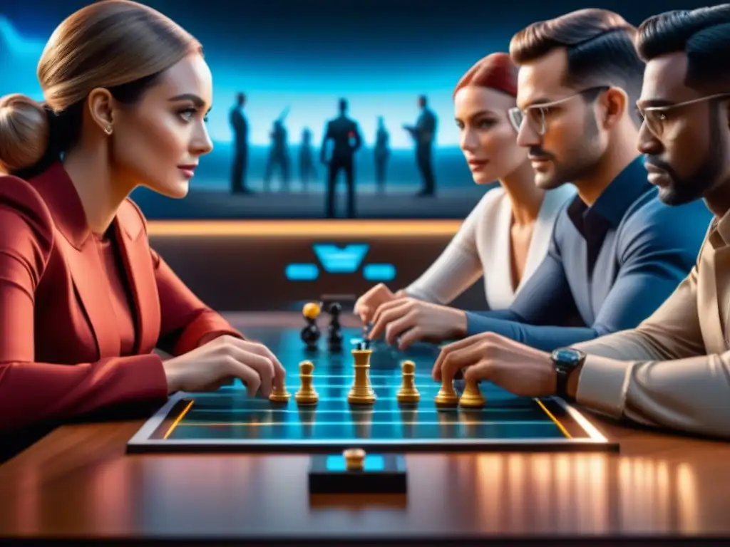 Un emocionante juego de mesa con inteligencia artificial integrada, jugadores concentrados en estrategias futuristas