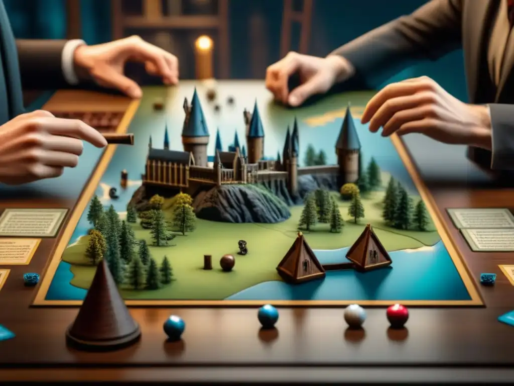 Emocionante juego de mesa de Harry Potter con jugadores entusiasmados y detallados accesorios mágicos