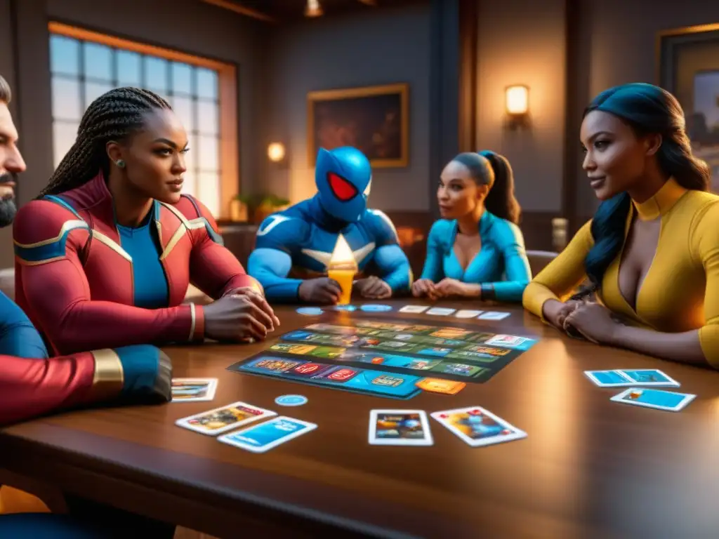 Un emocionante juego de mesa 'Marvel United' con jugadores diversos colaborando estratégicamente