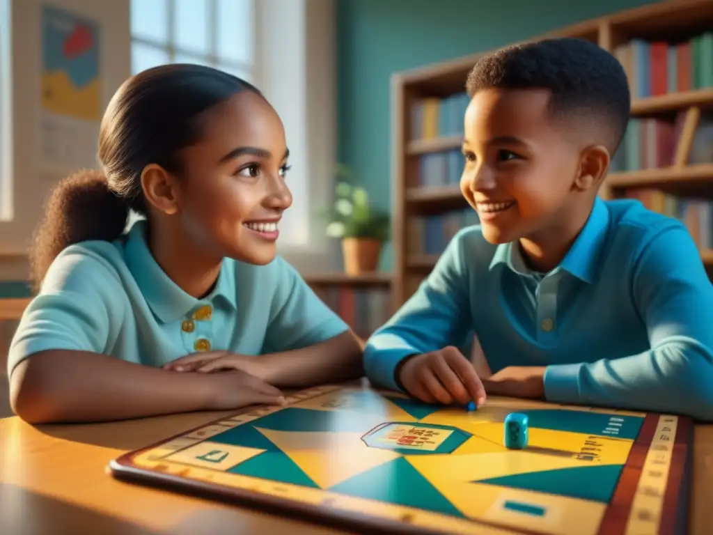 Un emocionante juego de mesa para aprender matemáticas con niños diversos concentrados en un aula luminosa y acogedora