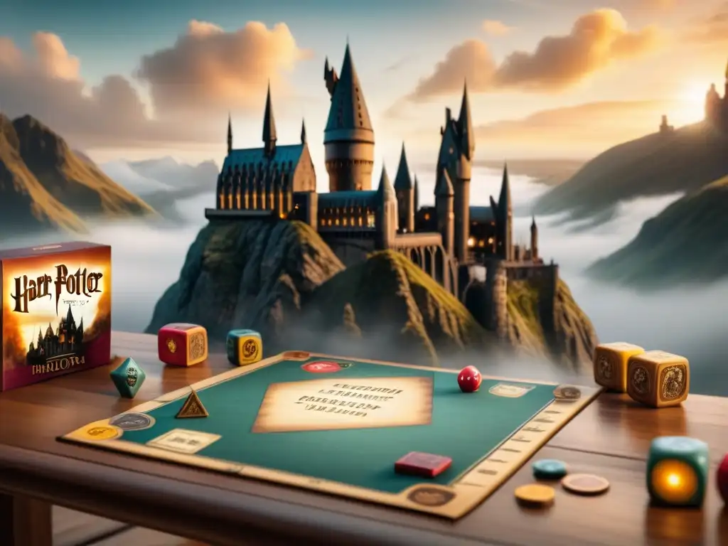 Un emocionante juego de mesa de Harry Potter en una mesa de madera, con miniaturas detalladas de Harry, Hermione y Ron en un duelo mágico en Hogwarts